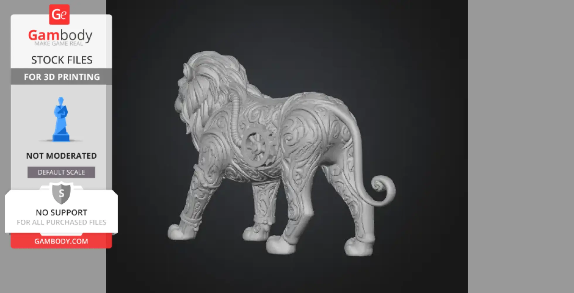 Ornate high-detail lion statue model for 3D printing, featuring intricate swirling patterns.