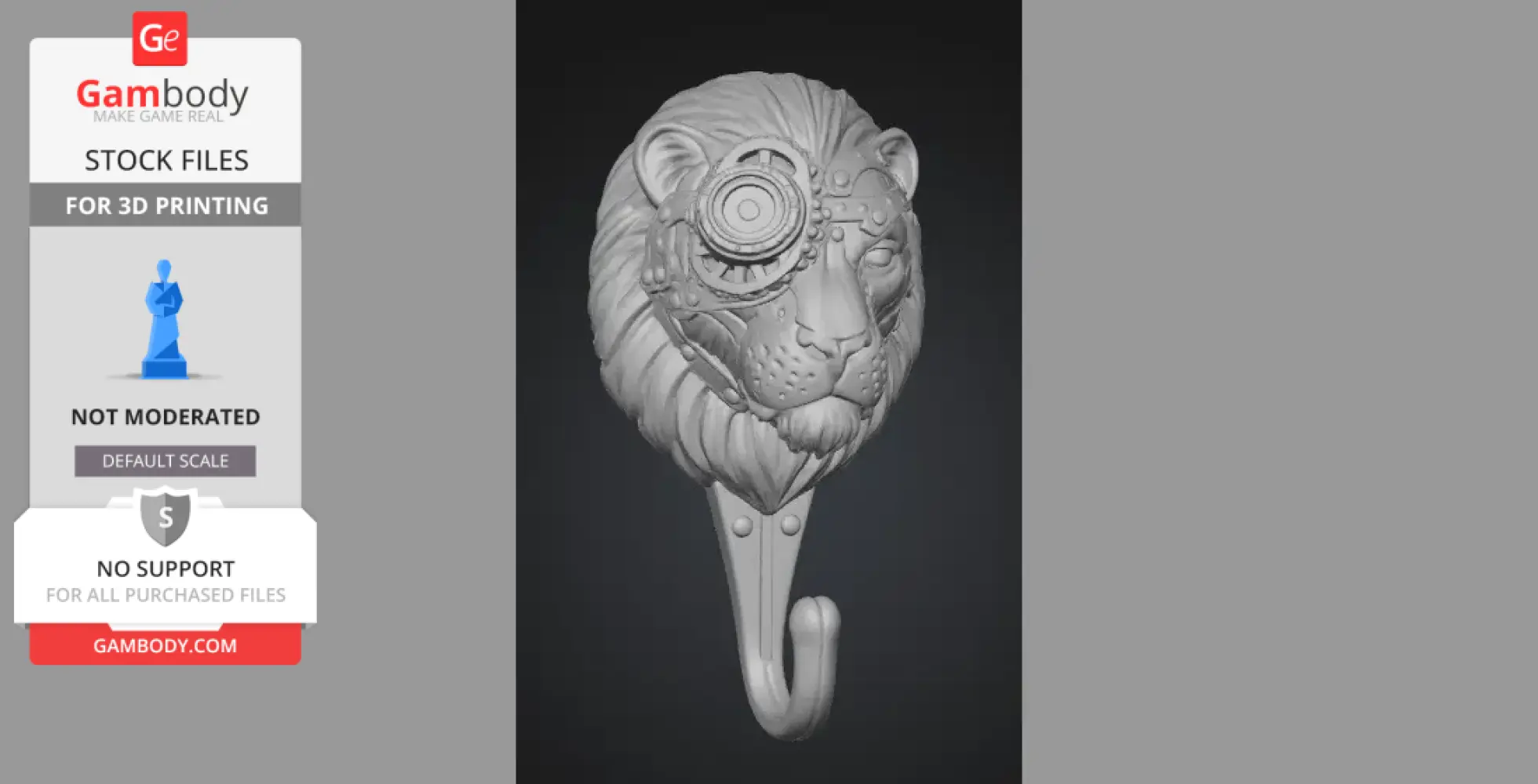 A detailed steampunk lion head with gears and a monocle, designed as a wall hook for 3D printing.