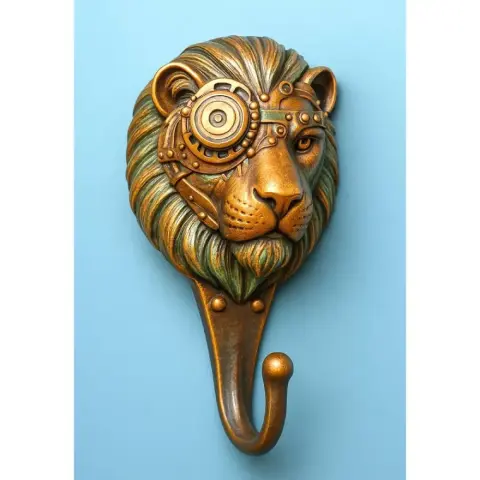 Steampunk lion head wall hook with gears and a mechanical eye on a blue background.