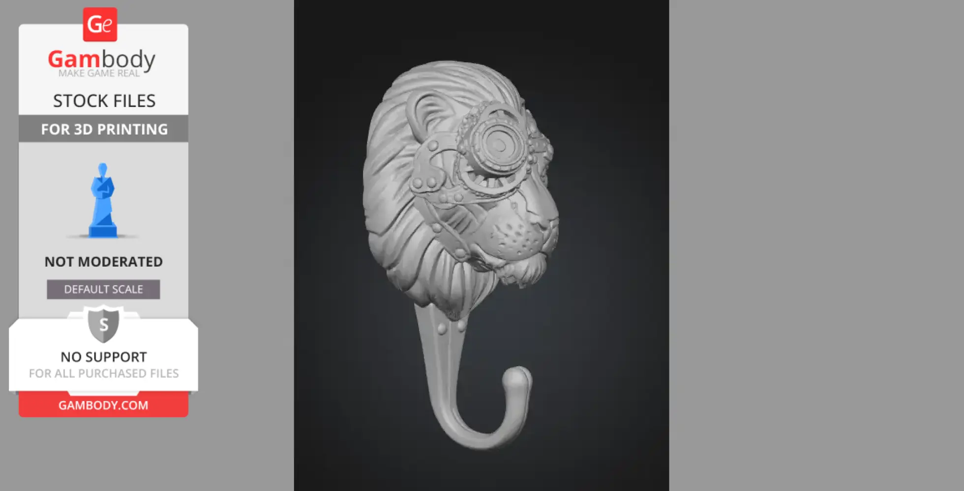 Steampunk lion head wall hook with gears and intricate details, designed for 3D printing.