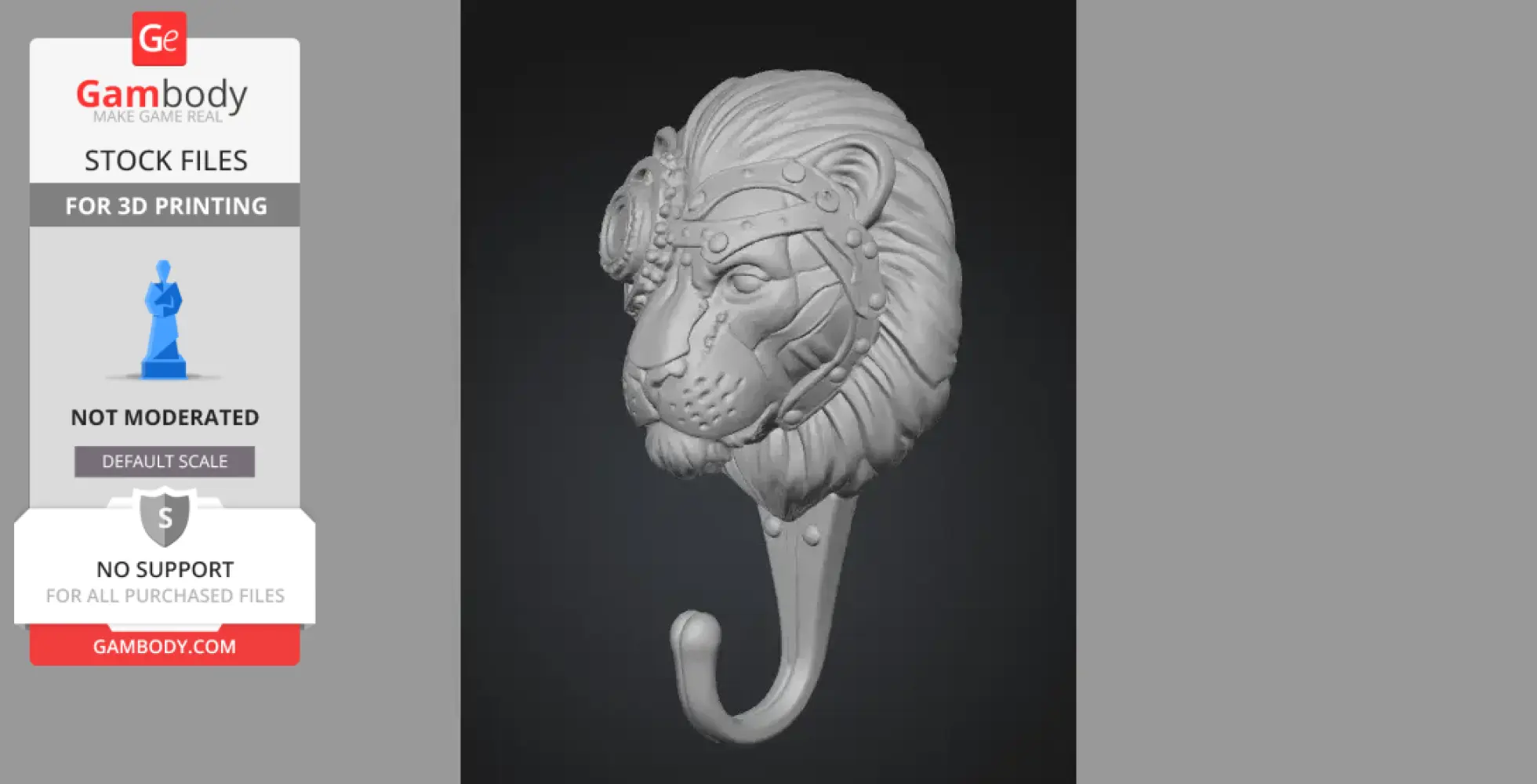 Steampunk lion head wall hook with intricate mechanical details for 3D printing.