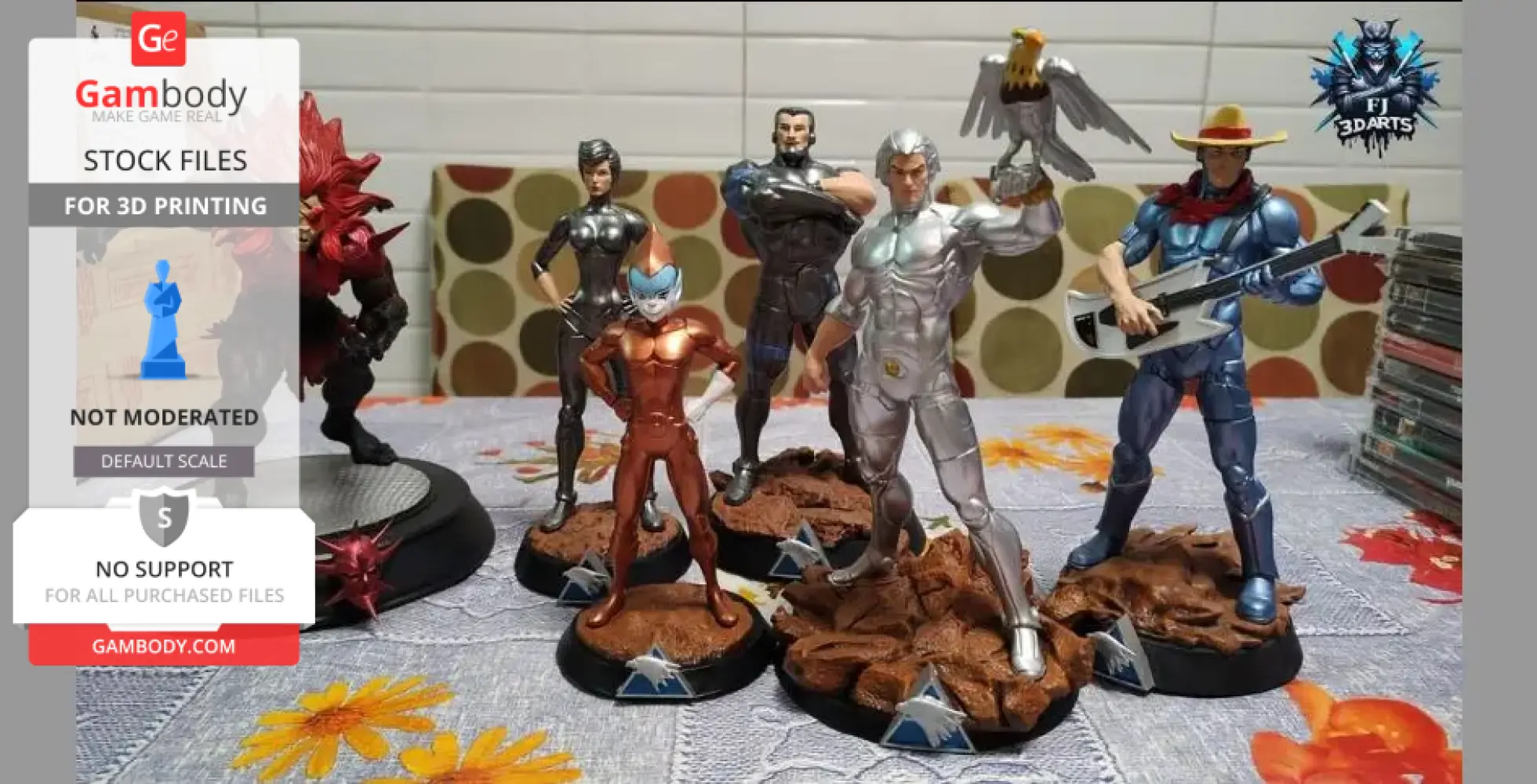 Six Silverhawks 3D-printed figures in various poses on a table.