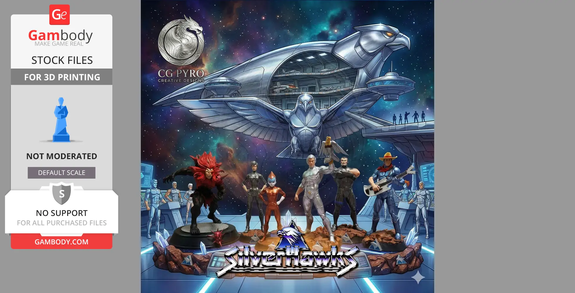 Six Silverhawks fanart figures with spaceship, set in space; collectible 3D printing models.