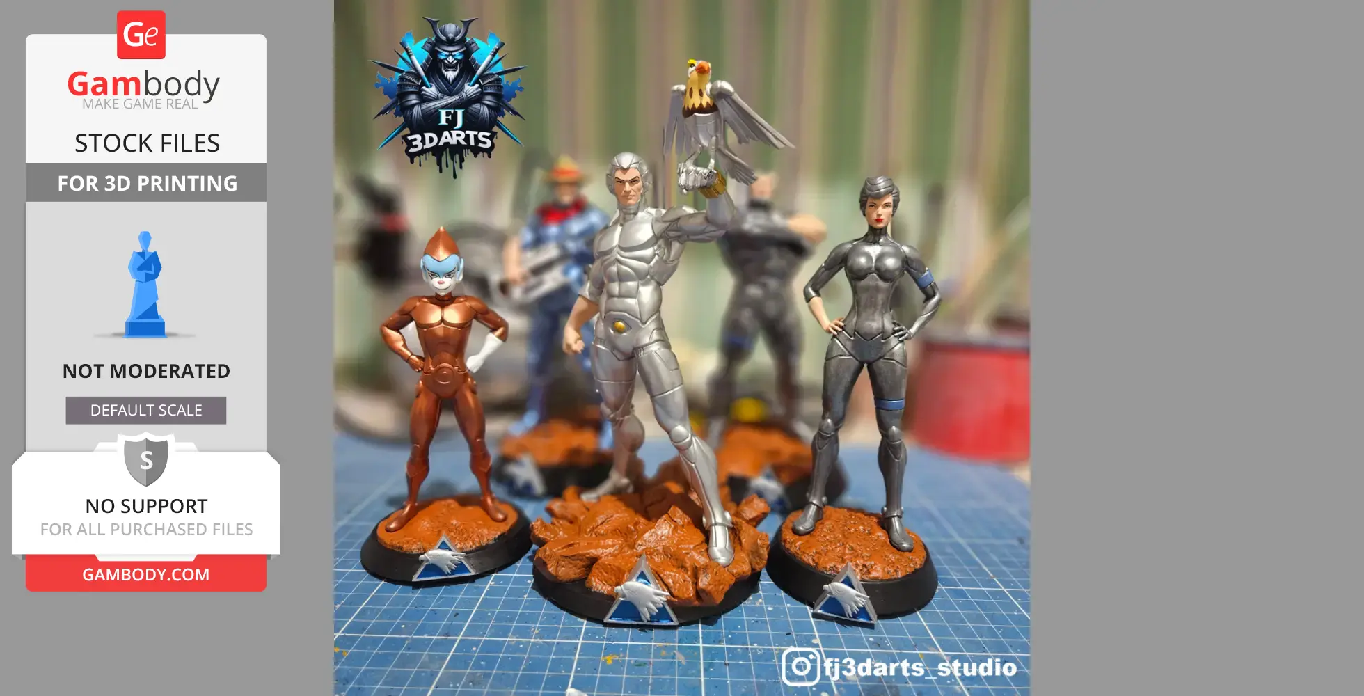 Six detailed Silverhawks 3D figurines on display stands, ready for 3D printing.