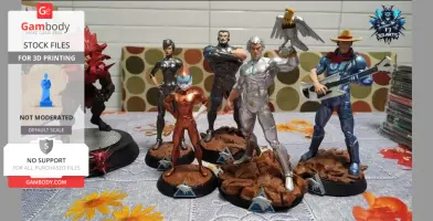 Six Silverhawks-themed 3D printed figures in colorful futuristic costumes, displayed on bases.