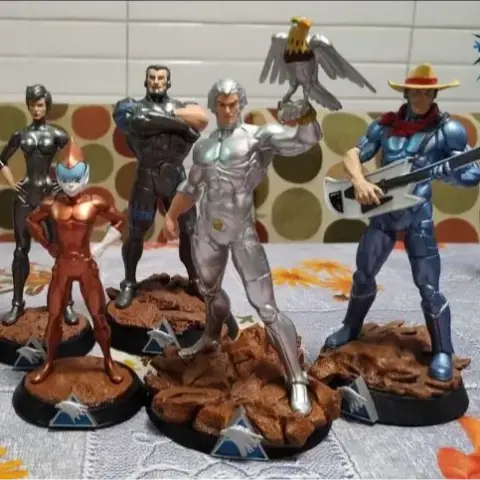 A set of six detailed Silverhawks fanart 3D printed figures on display stands.