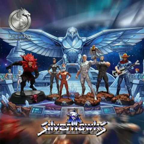 A set of six detailed Silverhawks fanart 3D printed figures on display stands.