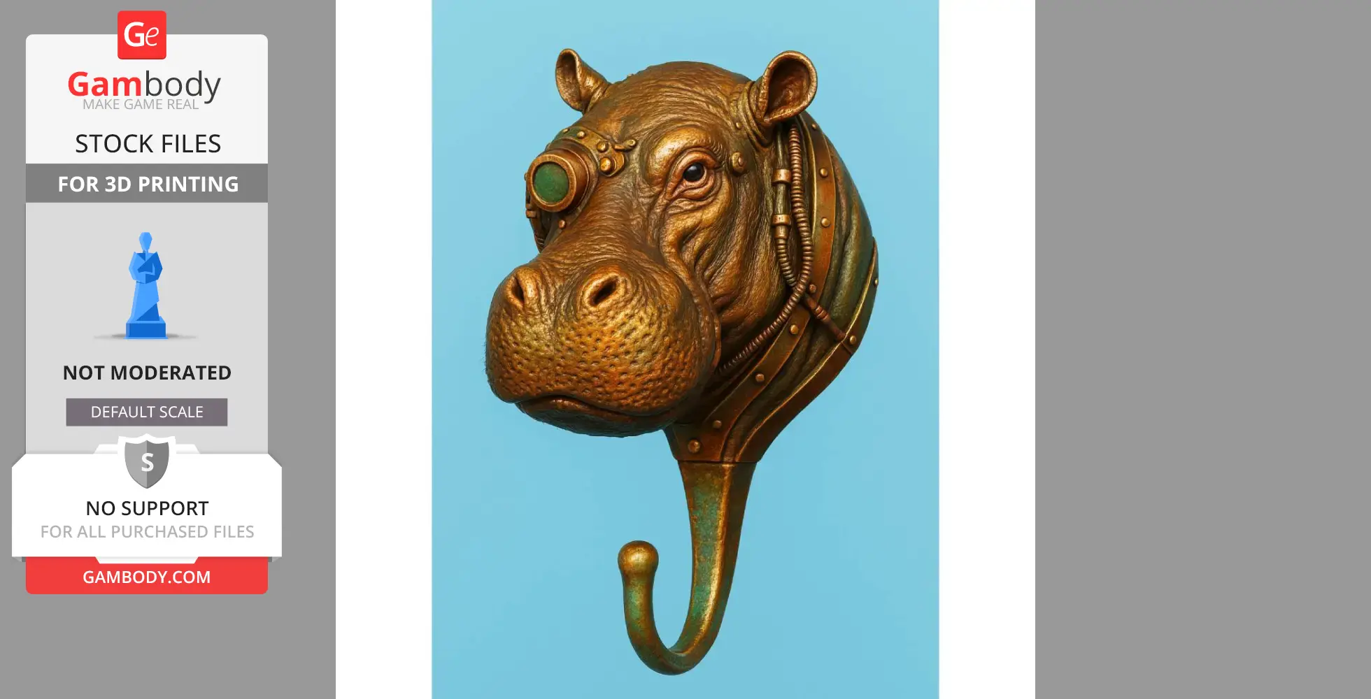 Steampunk hippo head with gears and monocle, forming a decorative wall hook.