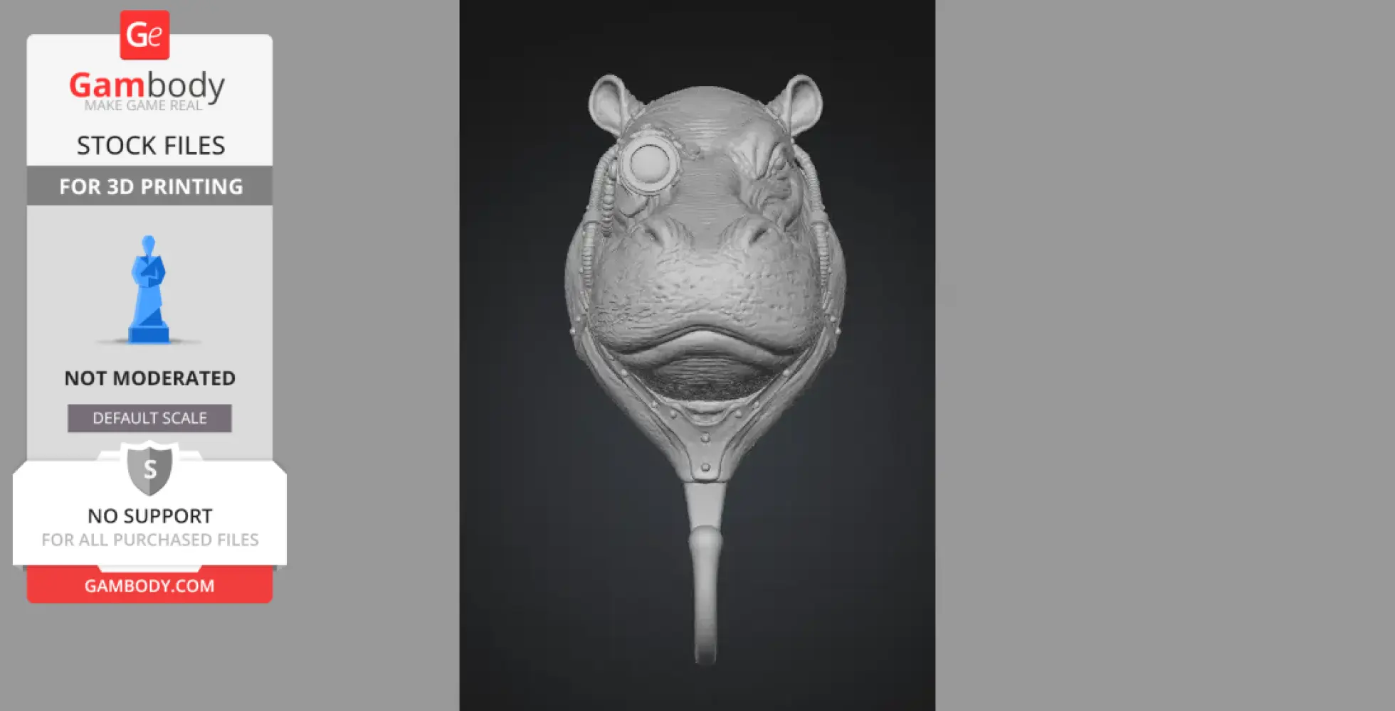 Steampunk hippo head with gears and pipes, designed as a decorative wall hook for 3D printing.
