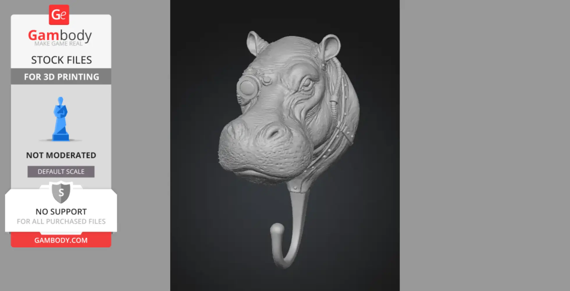 Steampunk hippo head with a monocle, detailed textures, and a hook below for wall mounting.