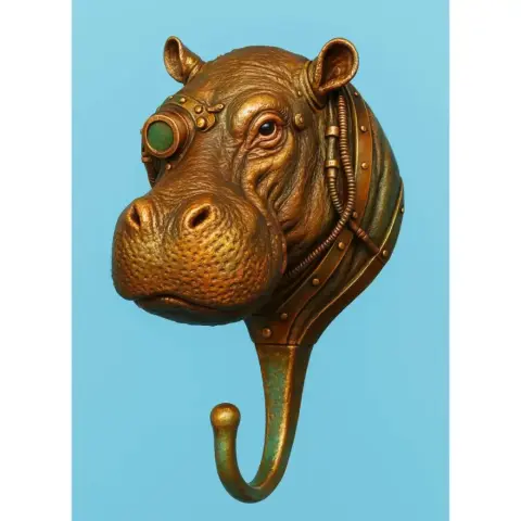 Steampunk hippo head wall hook with goggles and gears, designed for 3D printing.