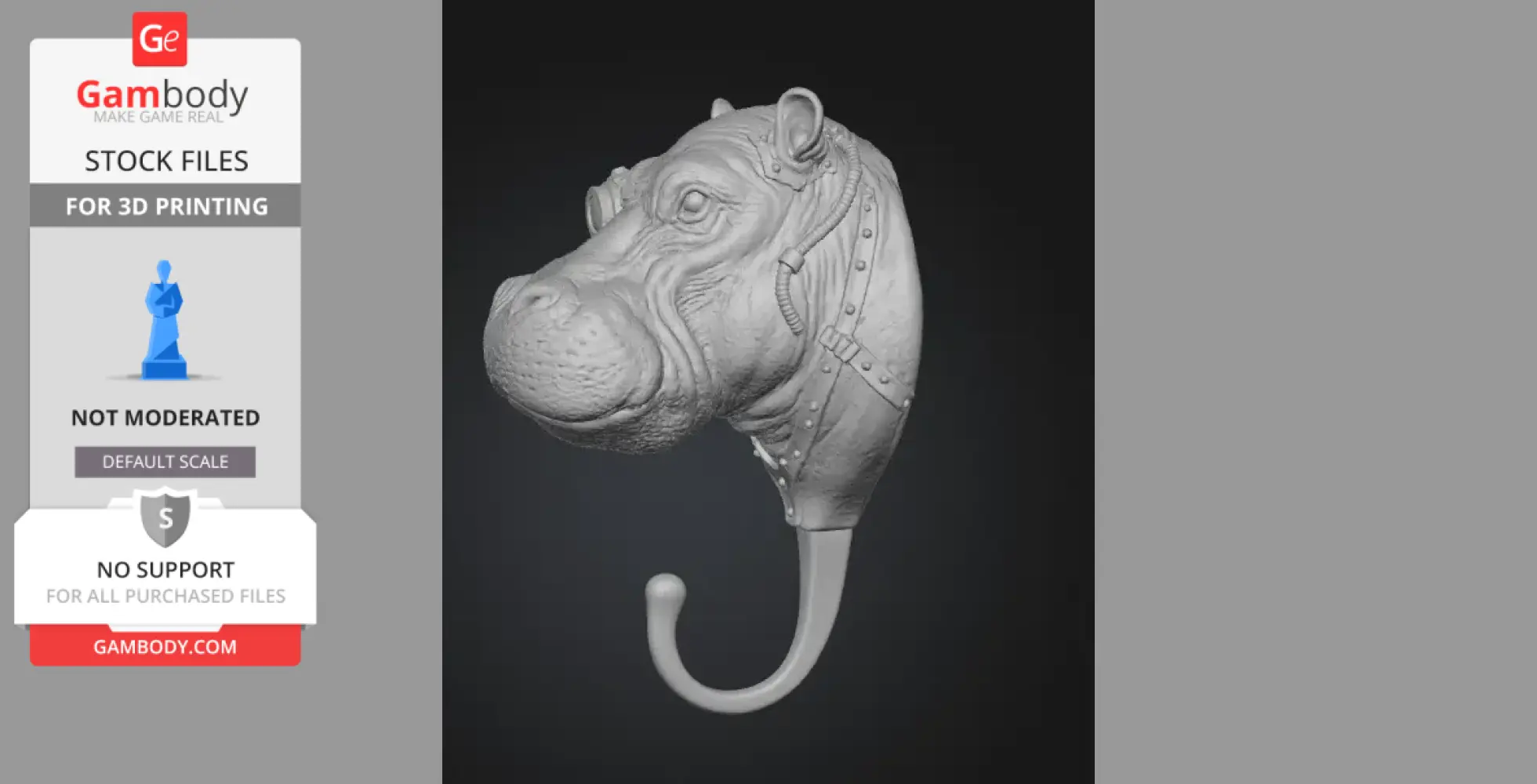 A steampunk-themed hippo head wall hook with rivets and gears for 3D printing.