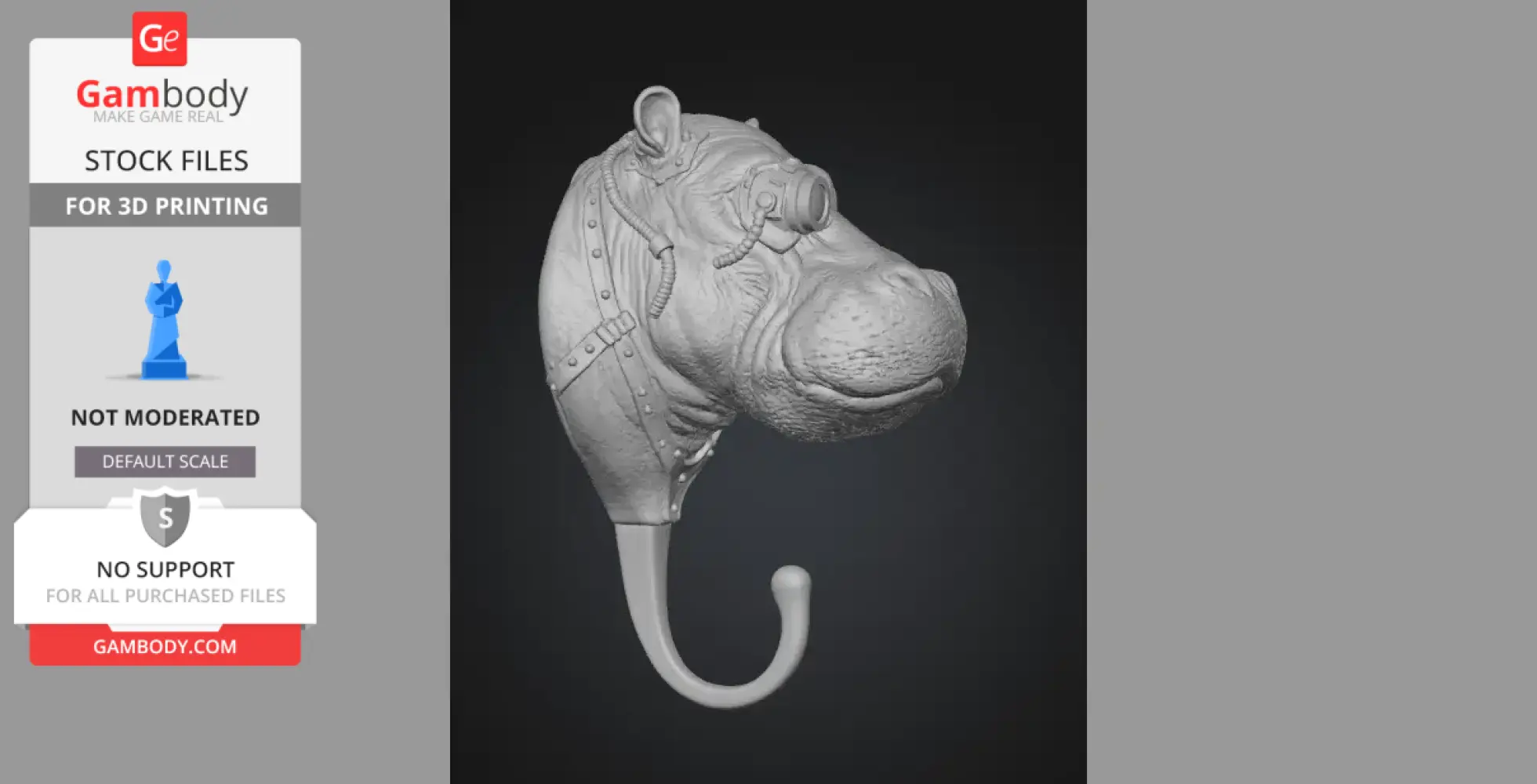 Steampunk hippo head wall hook with gears and goggles for 3D printing.