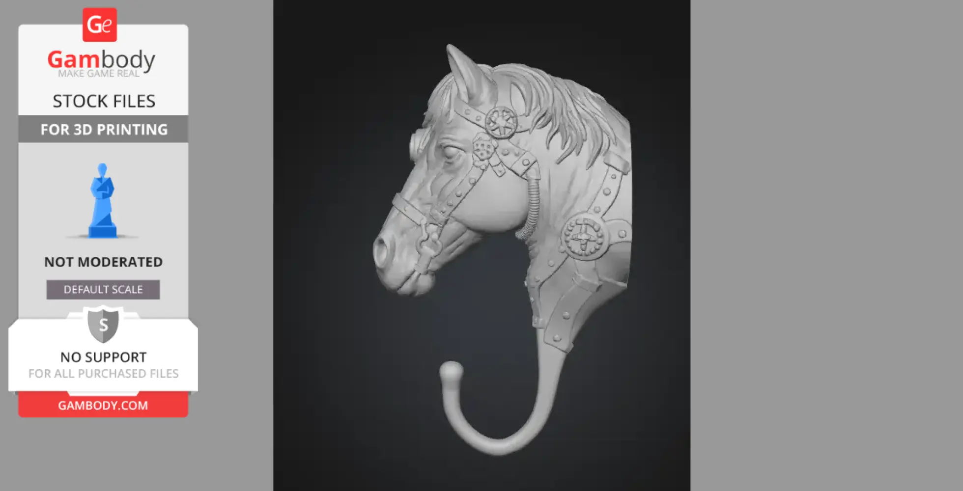 A steampunk-style horse head with mechanical accents, designed as a wall hook for 3D printing.