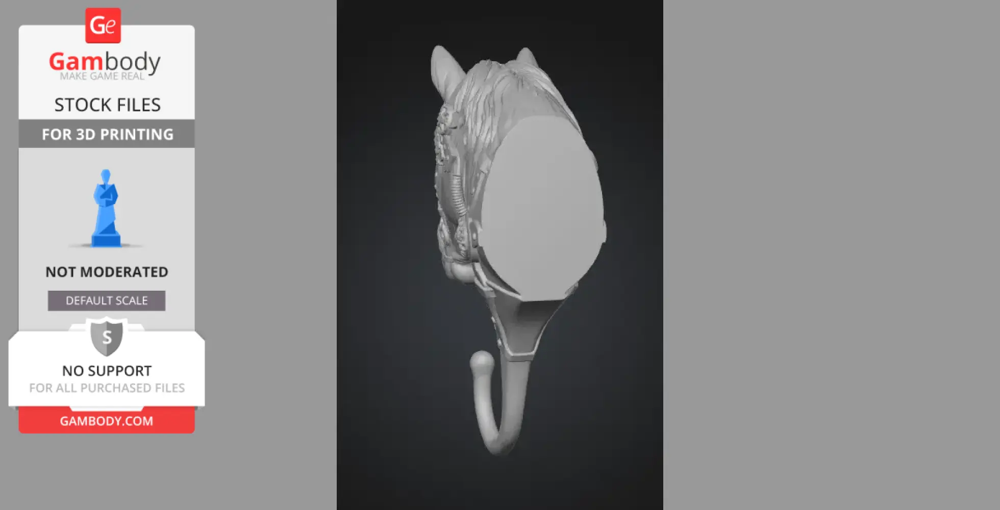 Steampunk horse head wall hook design for 3D printing, featuring mechanical details.