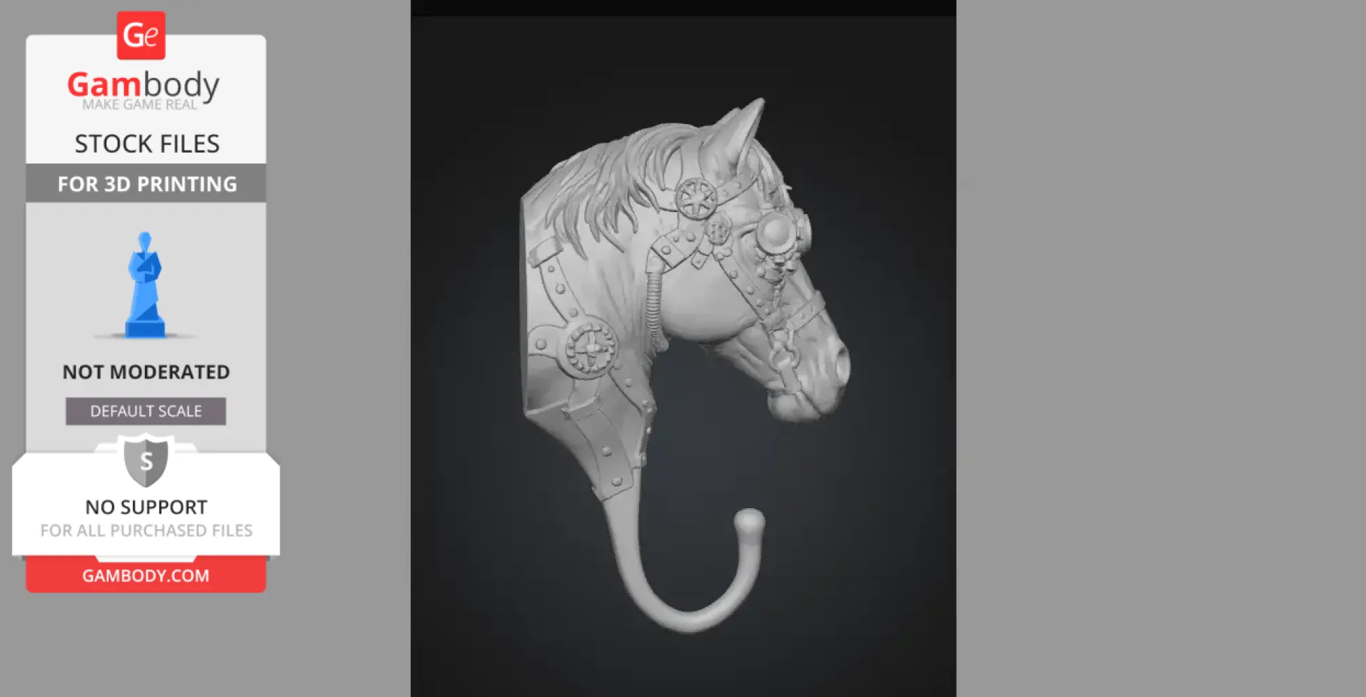 Steampunk-style horse head wall hook with gears and mechanical details for 3D printing.