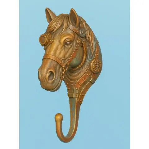 Steampunk horse head wall hook with gear details, designed for 3D printing.
