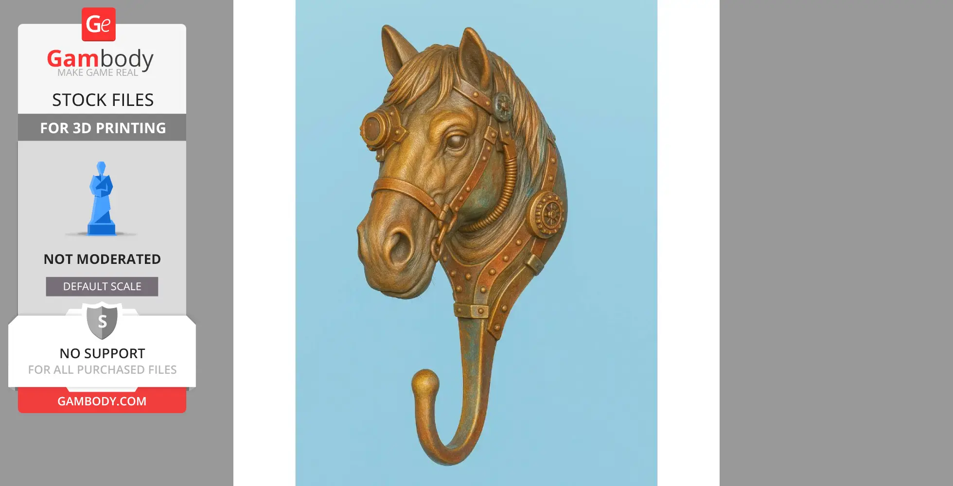 Steampunk horse head wall hook with gears and goggles, designed for 3D printing.