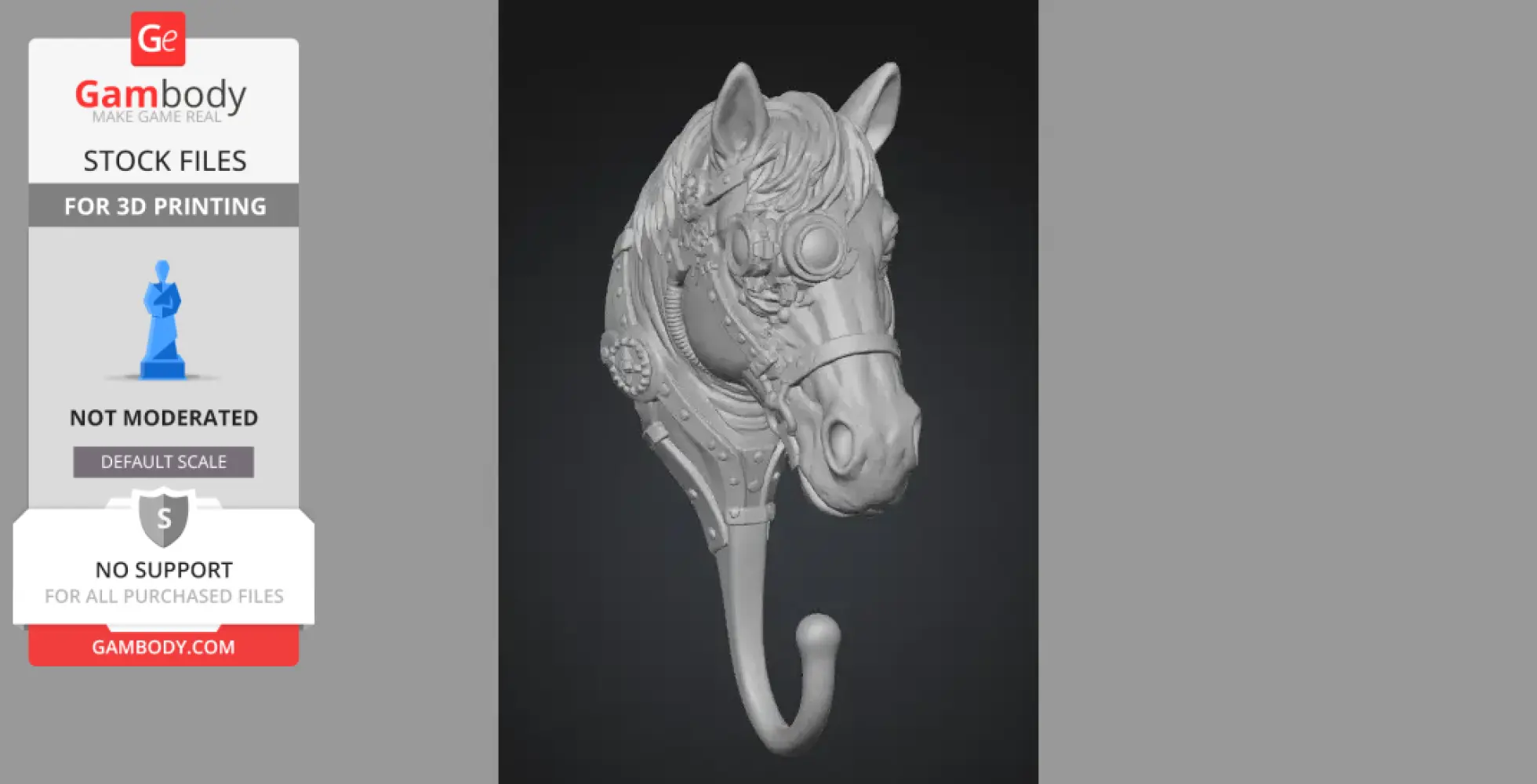 Steampunk-style horse head wall hook with gears and goggles, designed for 3D printing.
