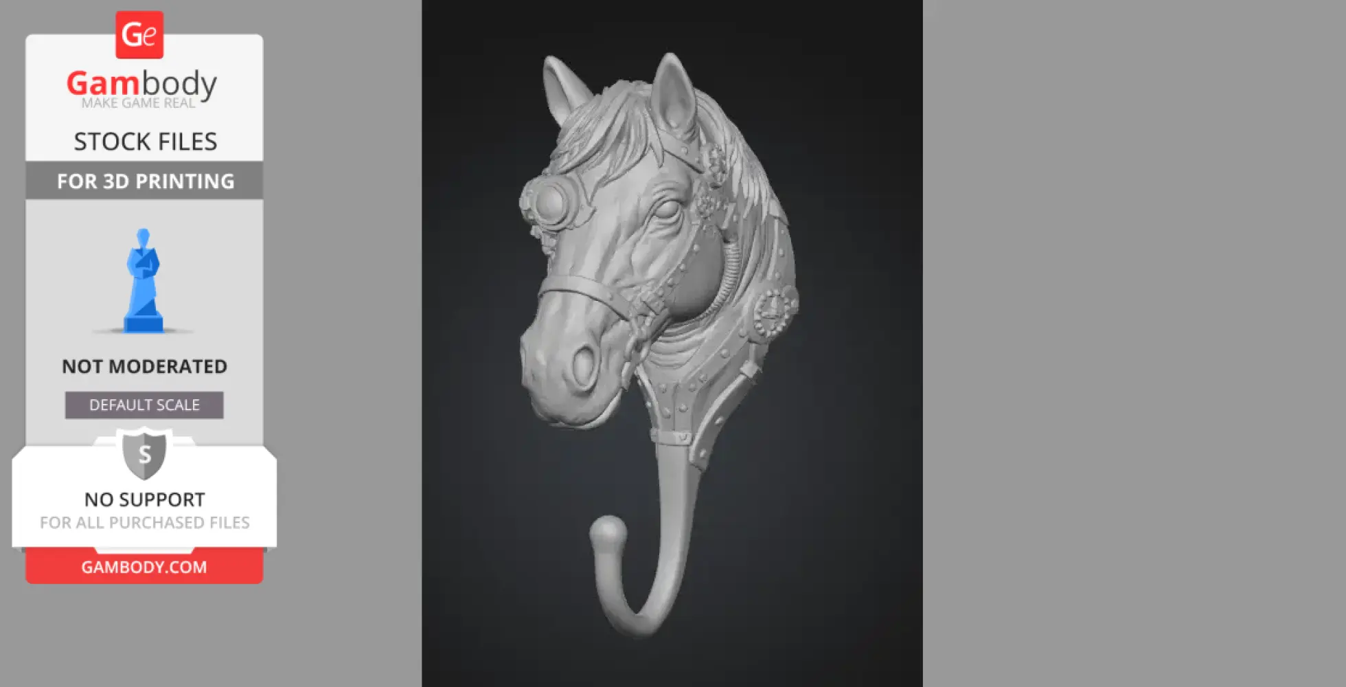 Steampunk horse head with mechanical details as a wall hook for 3D printing.