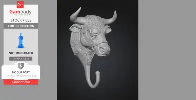 A steampunk-themed bull head wall hook with gears and a monocle design.