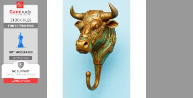 A steampunk bull head with metal details and a hook beneath, designed for wall mounting.
