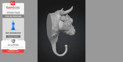 Steampunk bull head wall hook, ornate mechanical details, 3D printable model.