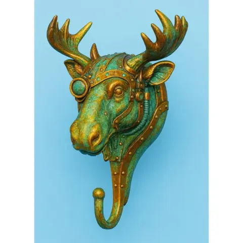 A steampunk moose head with mechanical details, designed as a wall hook.