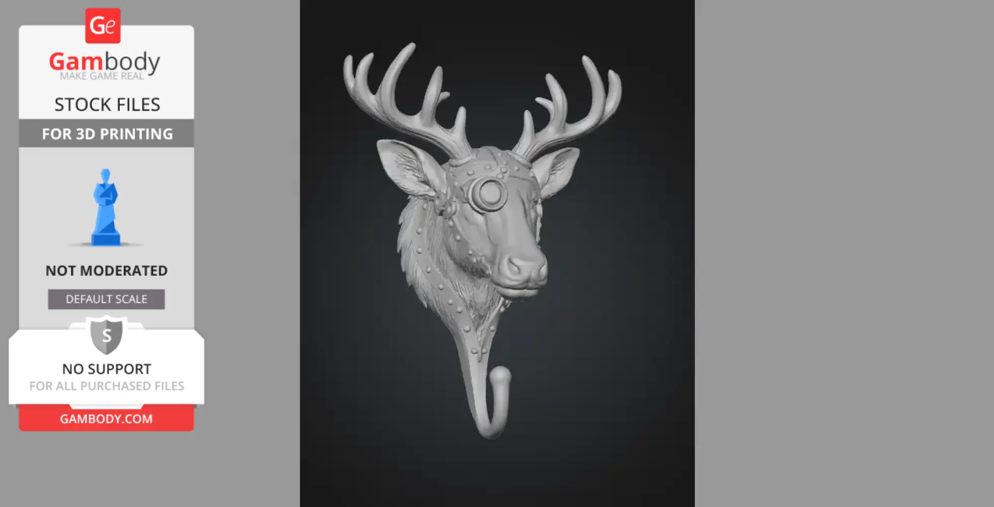Steampunk deer/moose wall hook with gears and rivets, suited for 3D printing.