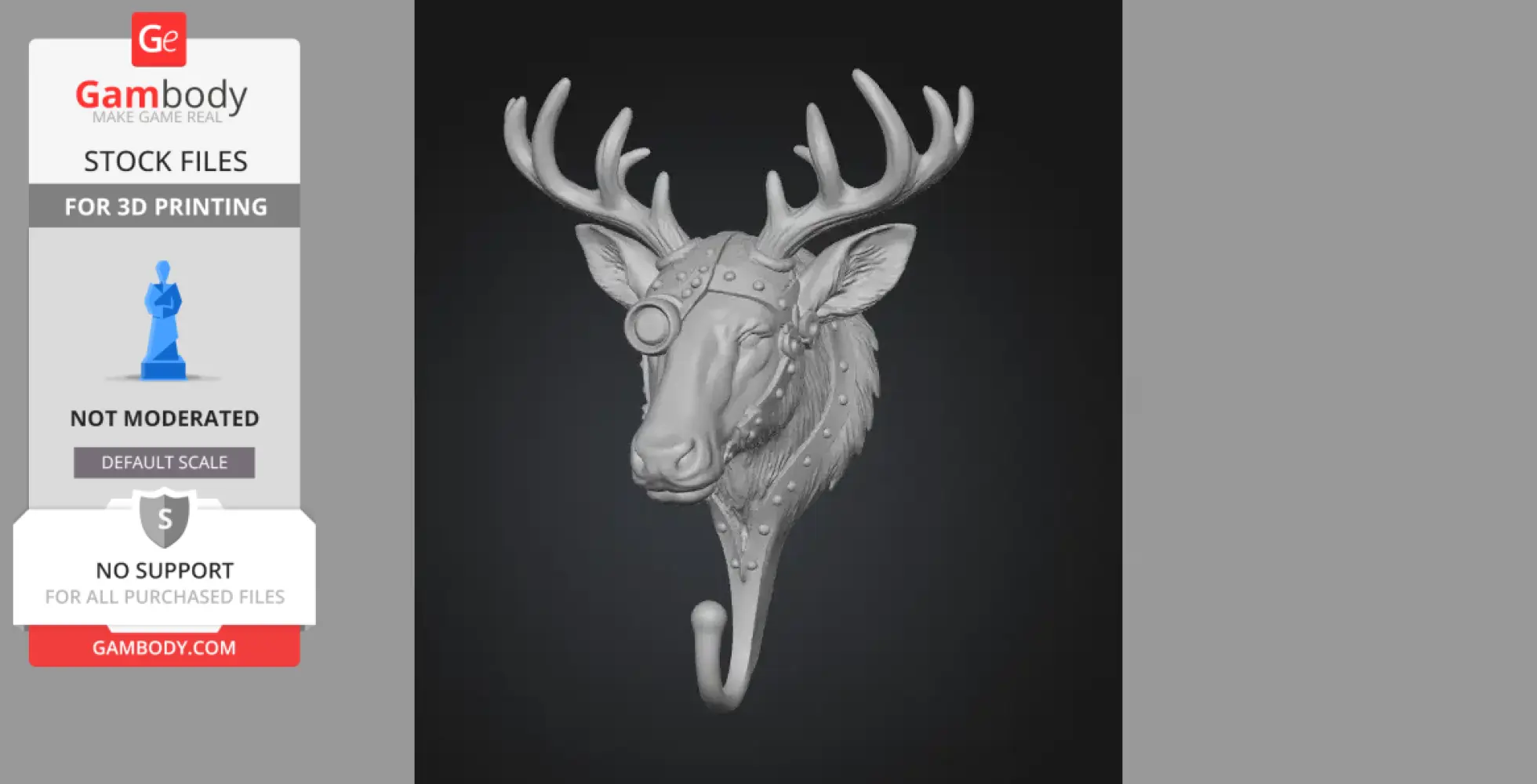 A 3D steampunk deer/moose head with antlers, adorned with gears, and a wall hook below.
