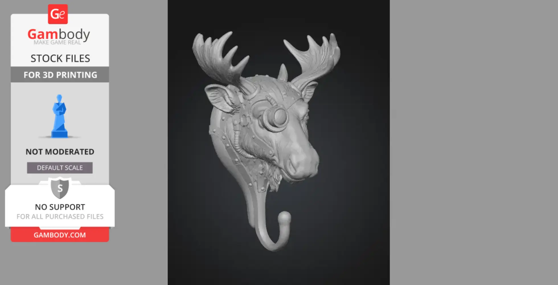 Steampunk deer/moose head wall hook with gears and pipes, designed for 3D printing.