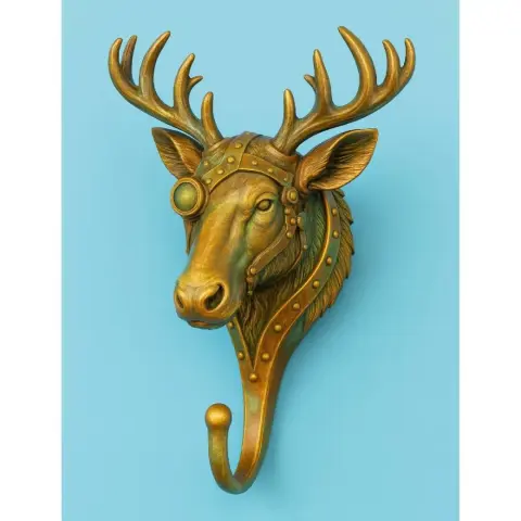 Steampunk-style deer head wall hook with gears and rivets for 3D printing.