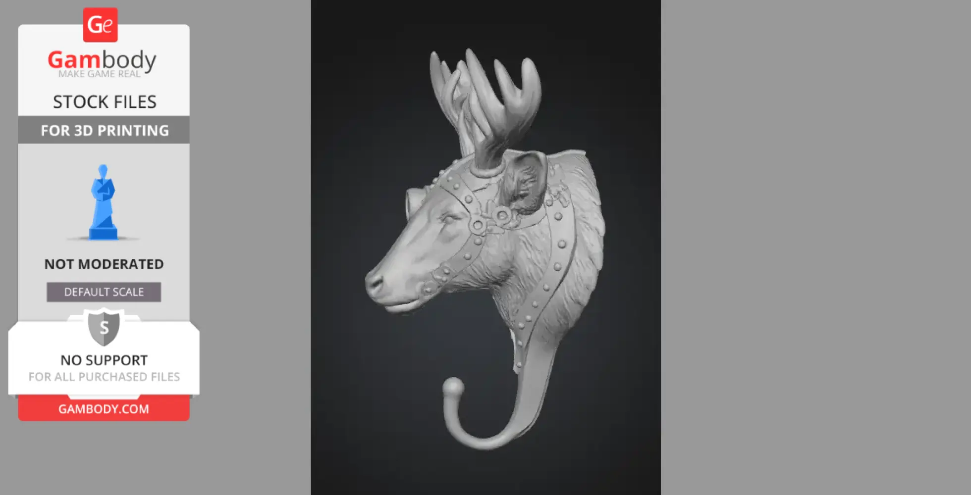 High-detail steampunk deer/moose head wall hook design for 3D printing.
