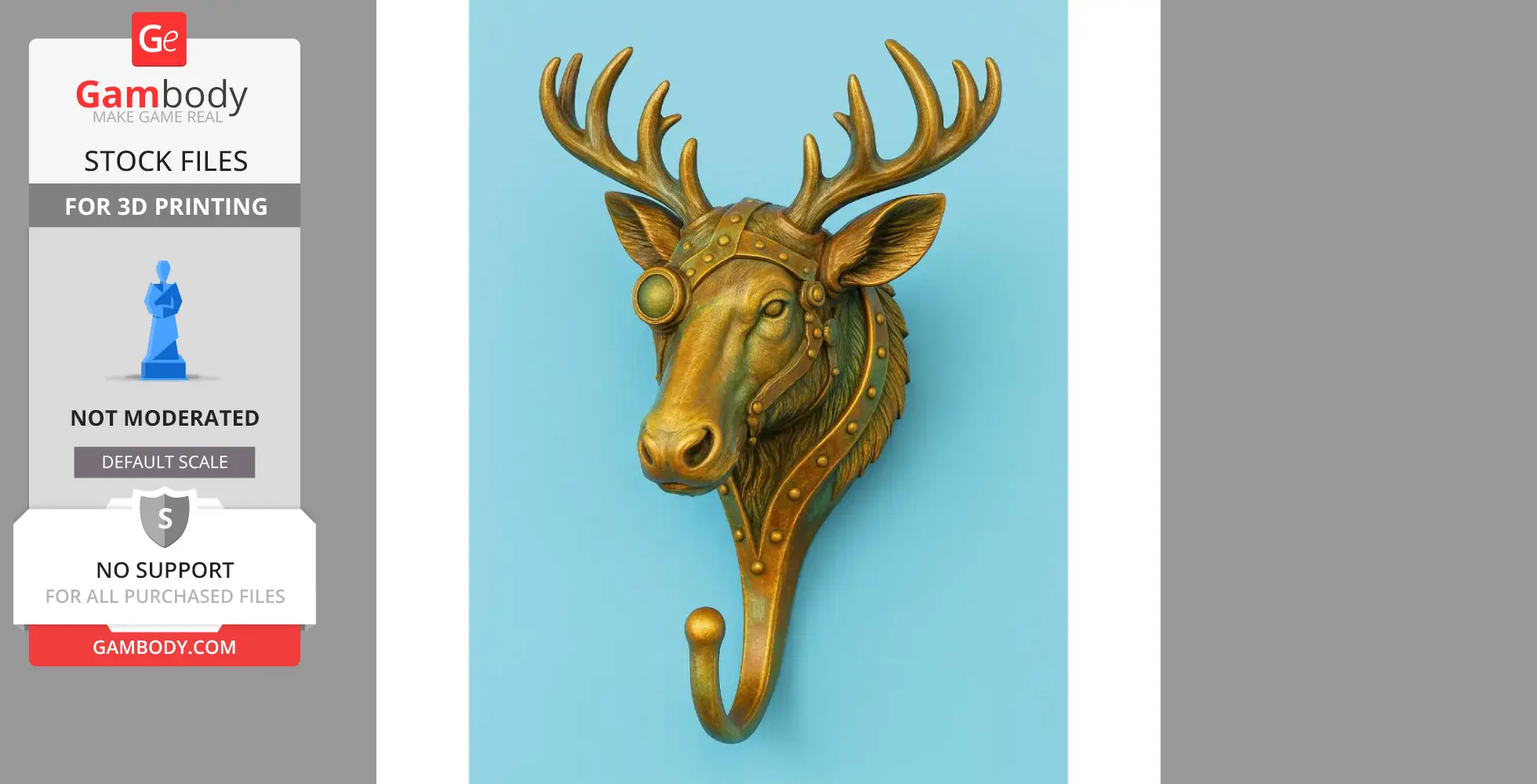 Steampunk deer/moose head wall hook with gears and a monocle. High-detail 3D printing model.