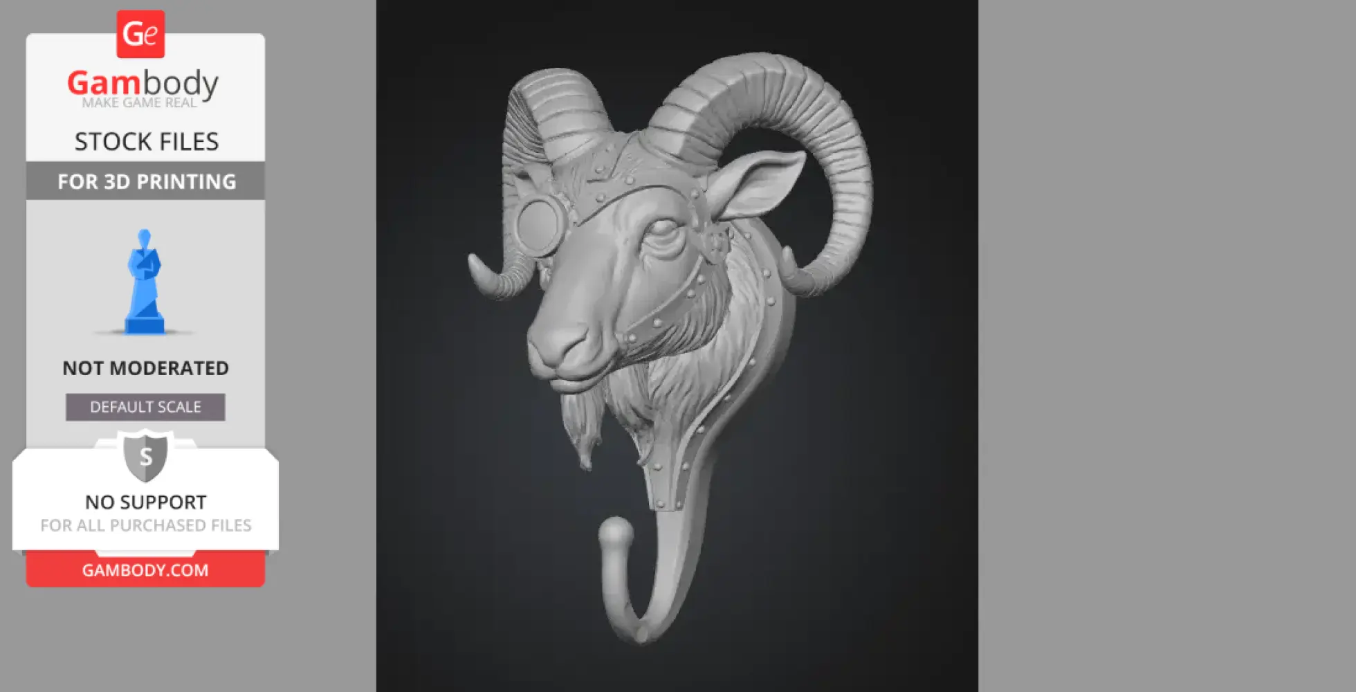 Steampunk ram head with ornate gears and horns, designed as a decorative wall hook for 3D printing.