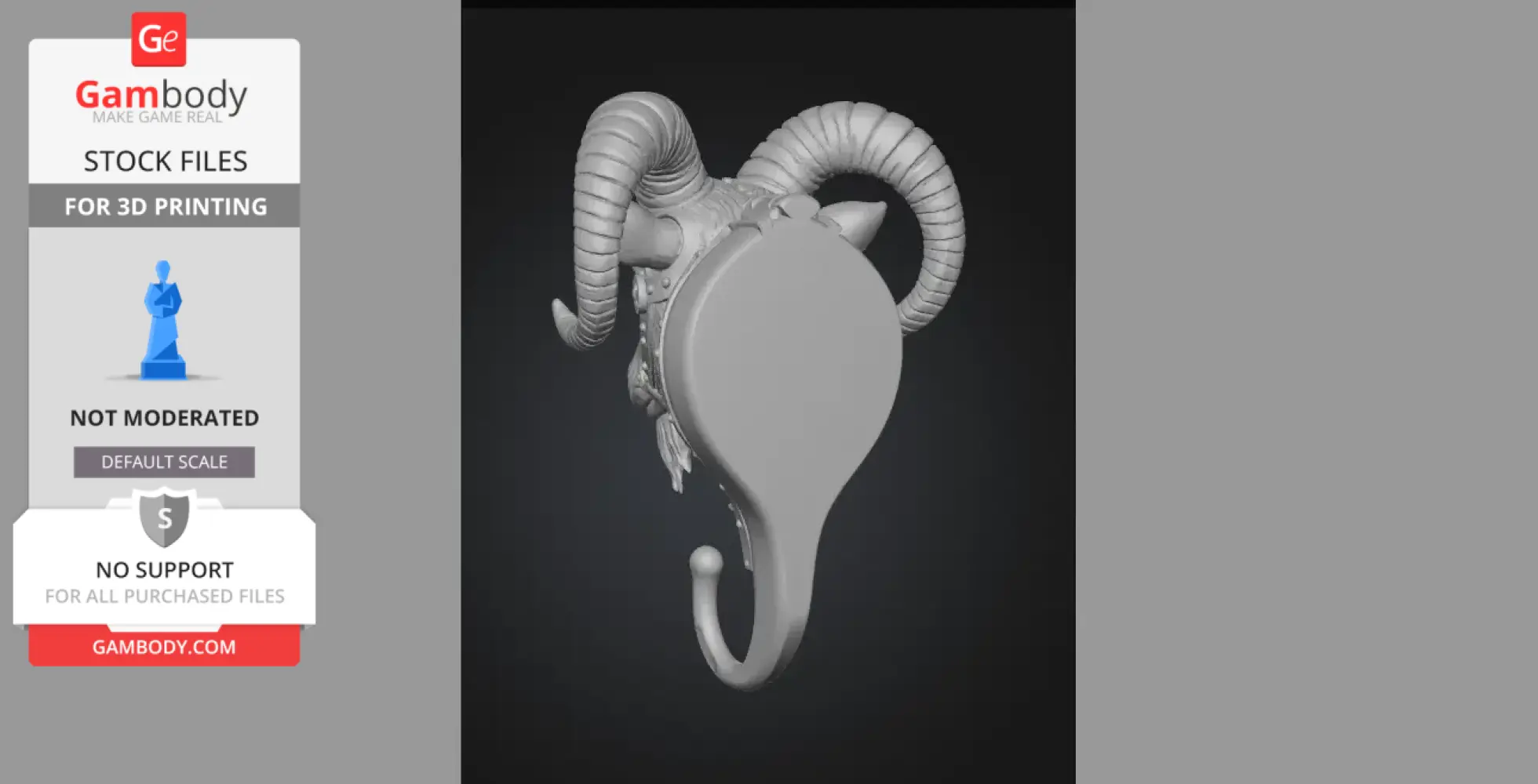 Steampunk-themed ram head wall hook with detailed curled horns, suitable for 3D printing.