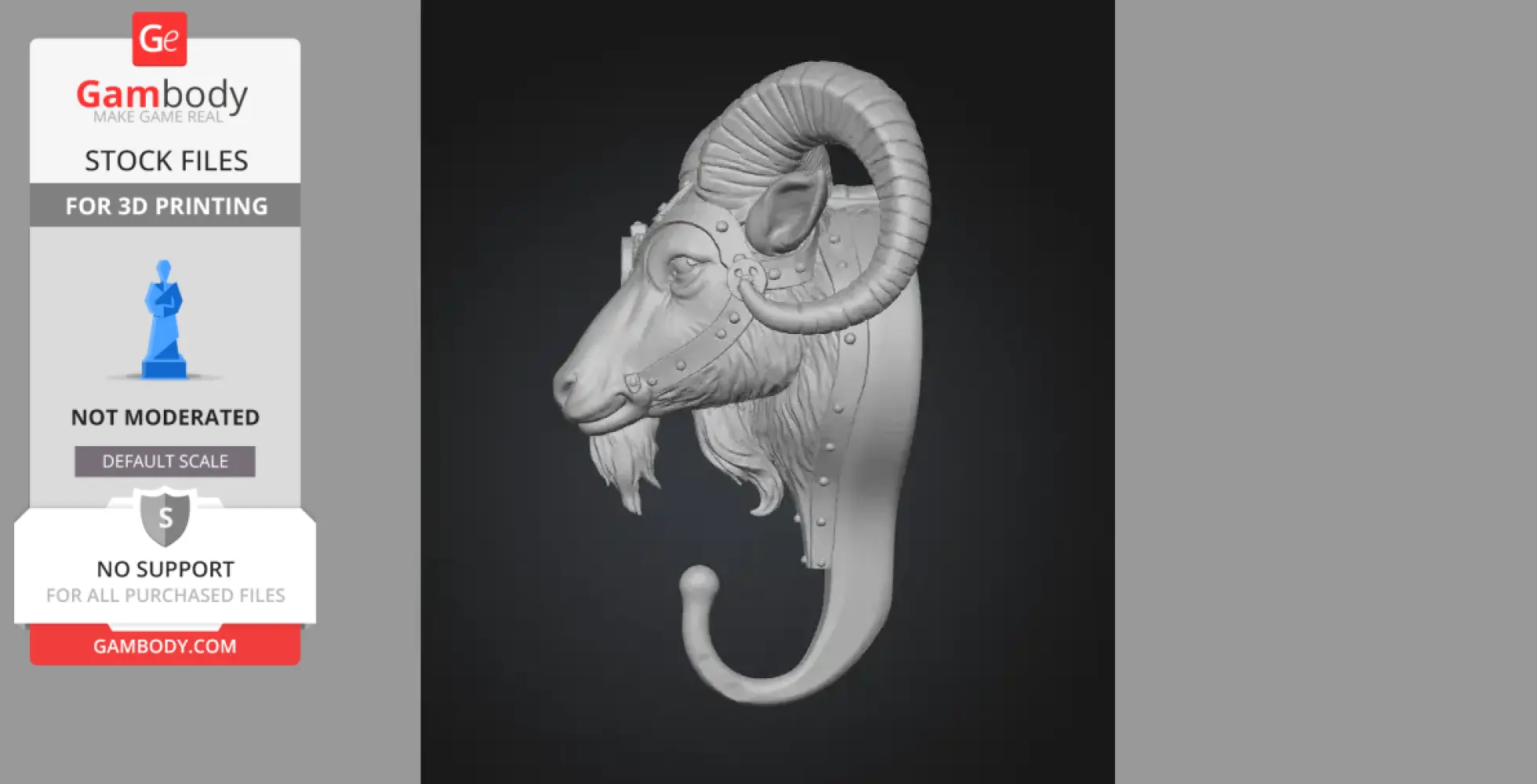 A detailed steampunk ram head with gears as a 3D printable wall hook.