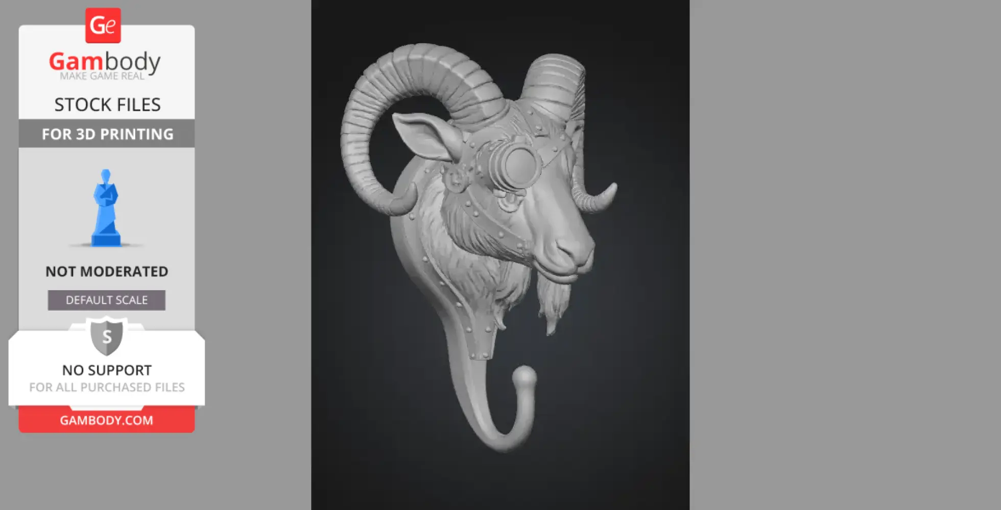 Steampunk-style ram head wall hook with gears and rivets, designed for 3D printing.