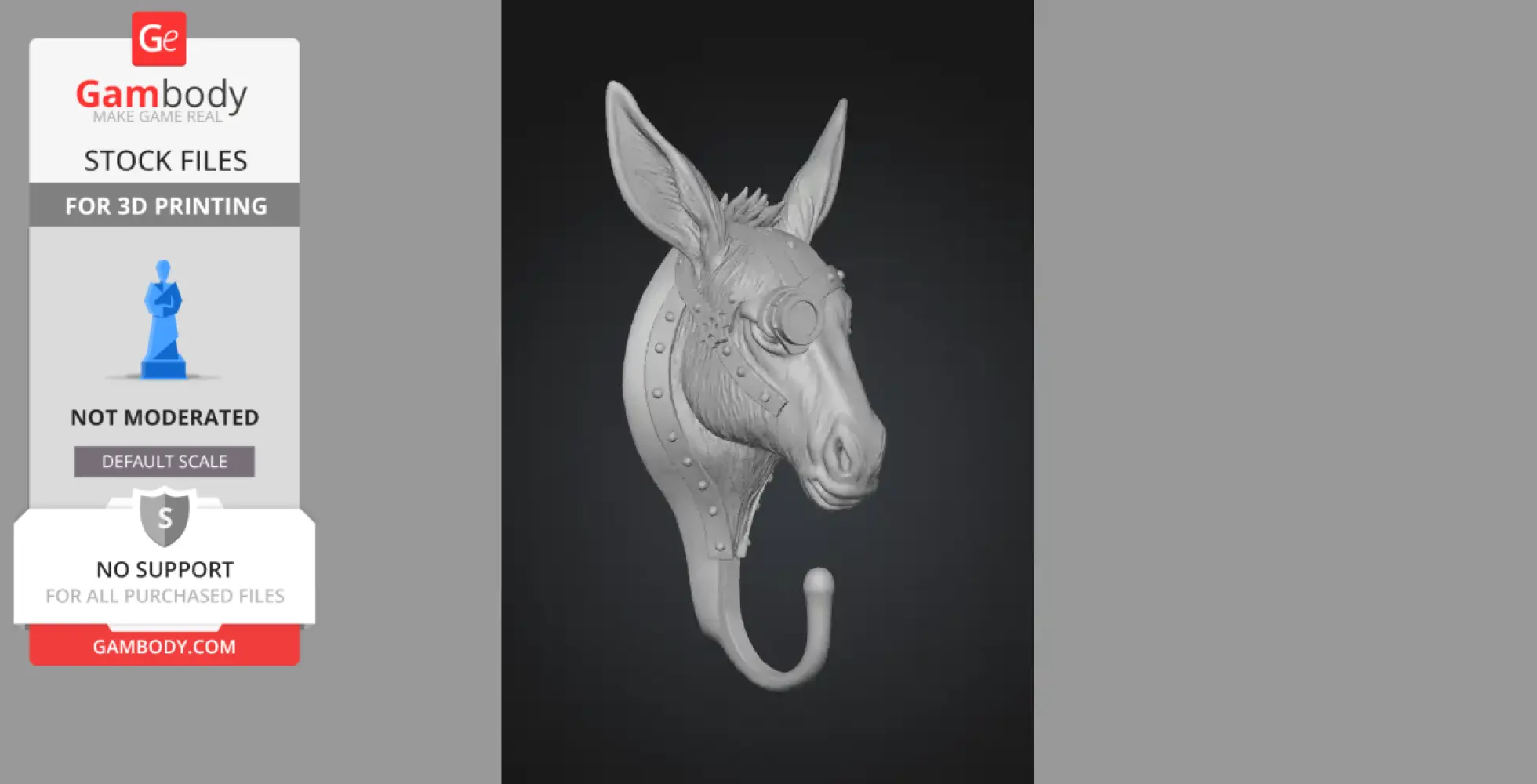 Steampunk donkey head wall hook with gears and rivets for 3D printing.