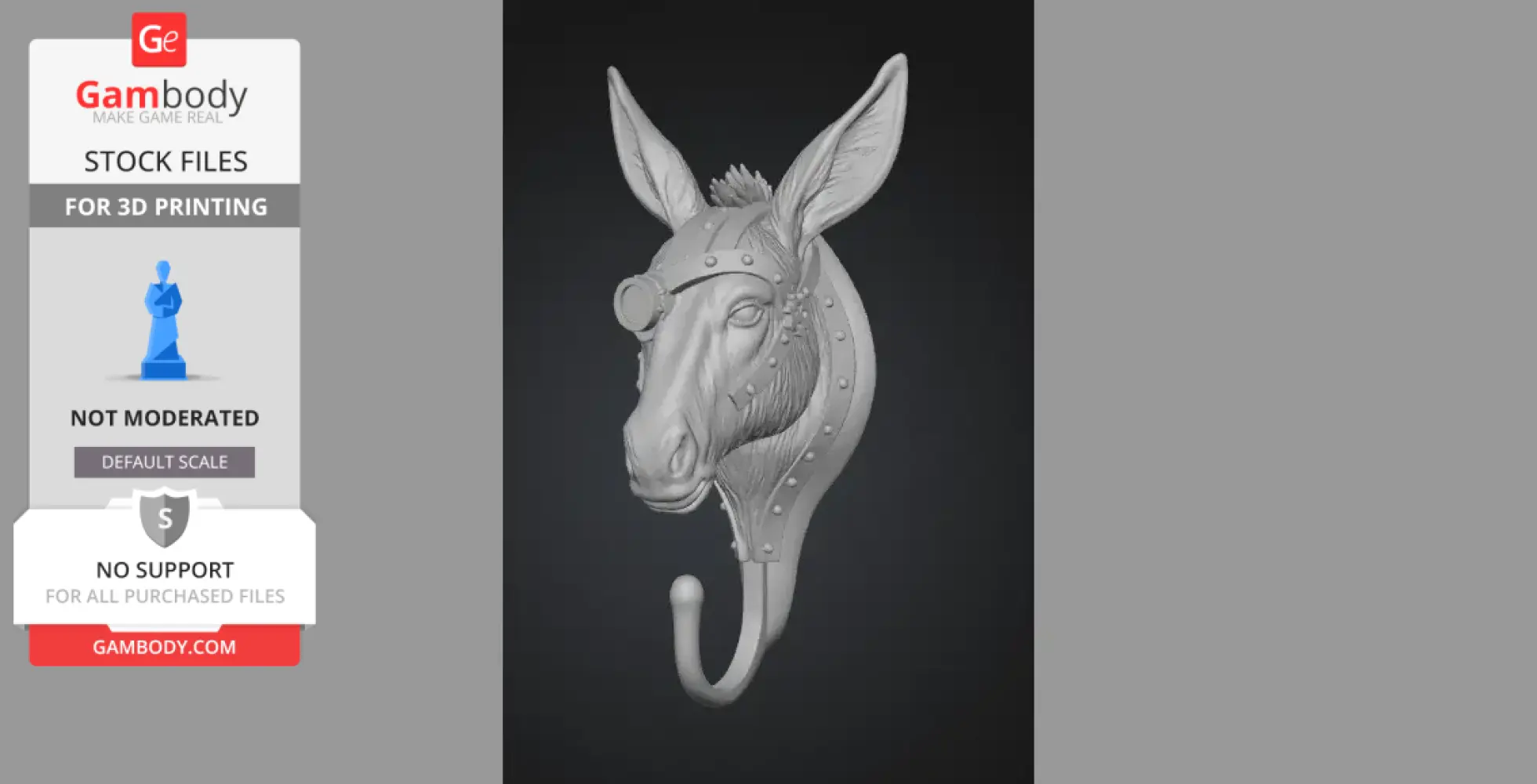 A steampunk donkey head with gears and goggles, designed as a wall hook for 3D printing.