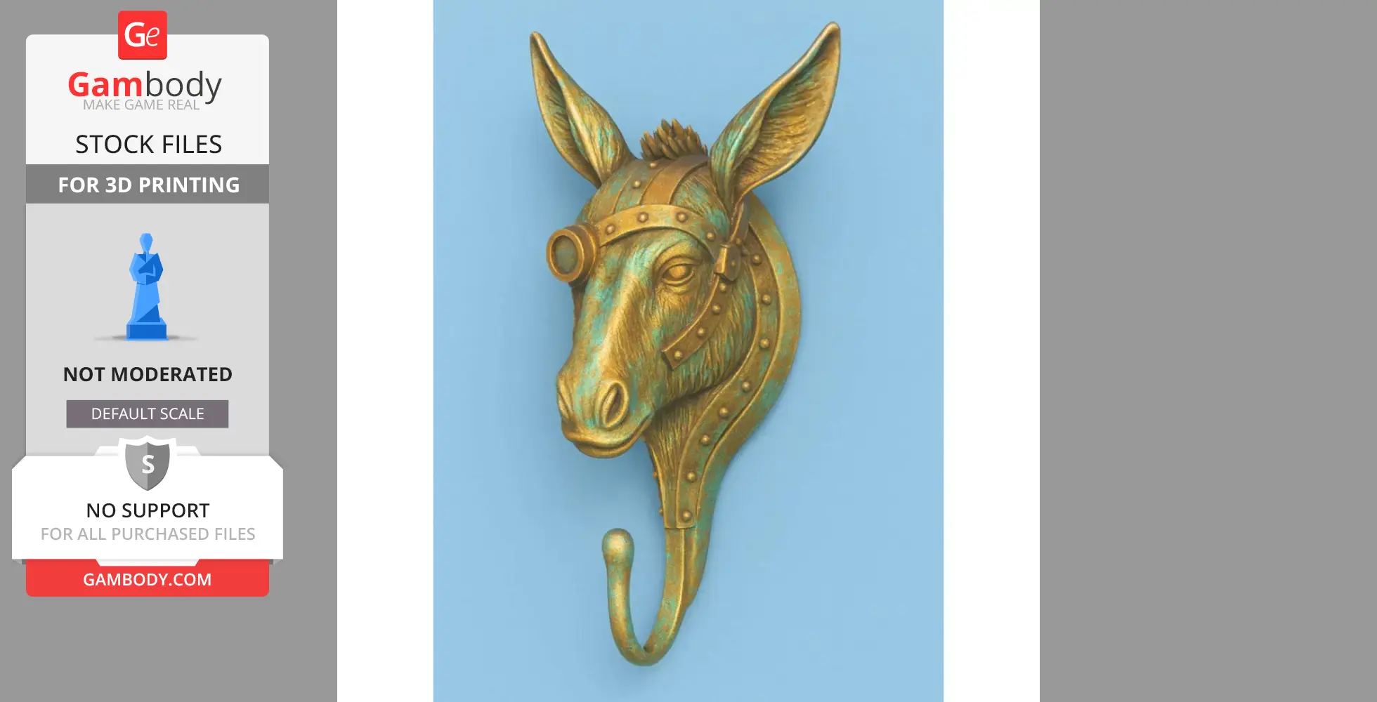 A steampunk-style donkey head wall hook with gears and rivets, designed for 3D printing.