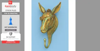 A steampunk-style donkey head wall hook with gears and rivets, designed for 3D printing.