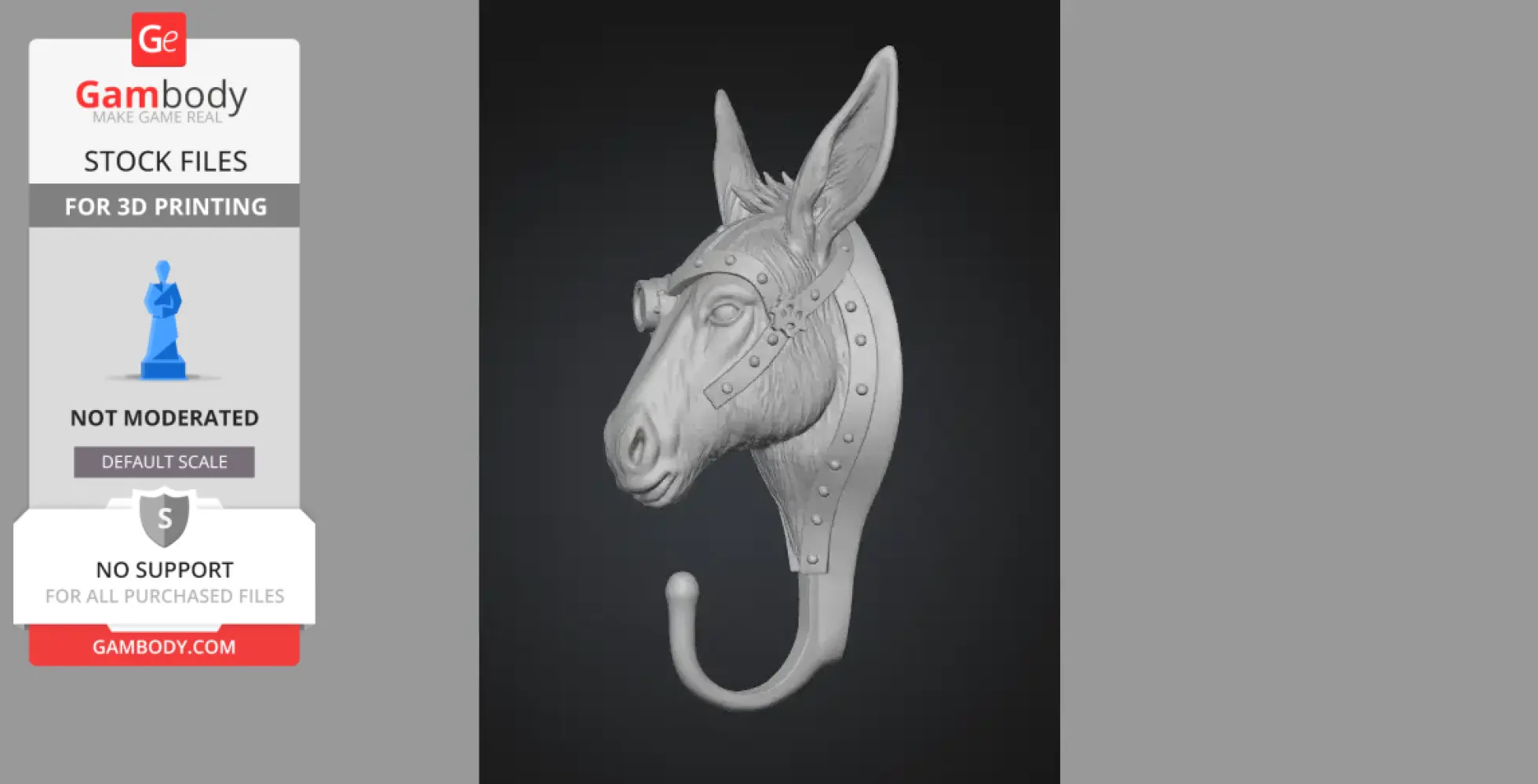 Steampunk donkey head wall hook with rivet details for 3D printing.