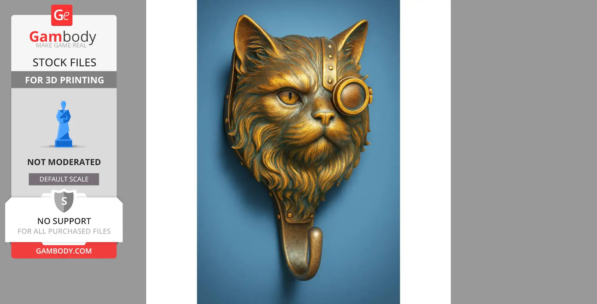 Steampunk Persian cat wall hook with detailed fur and a monocle, designed for 3D printing.