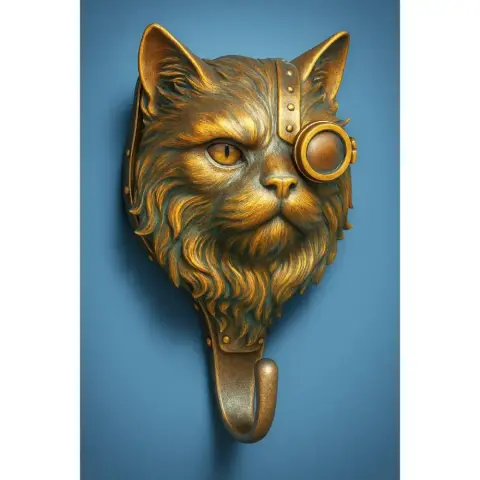 Steampunk cat wall hook with monocle and screws; detailed fur and metal design on a blue background.