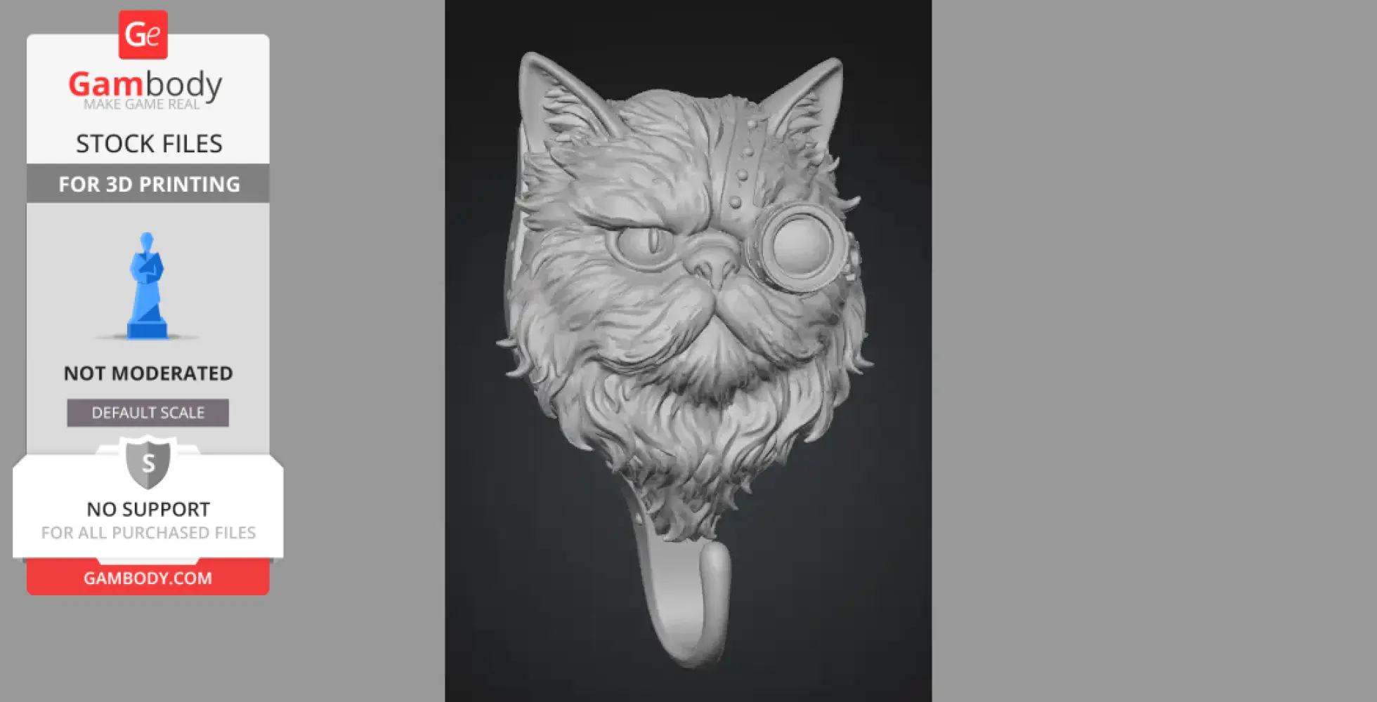 A steampunk Persian cat face with a monocle, designed as a detailed wall hook for 3D printing.