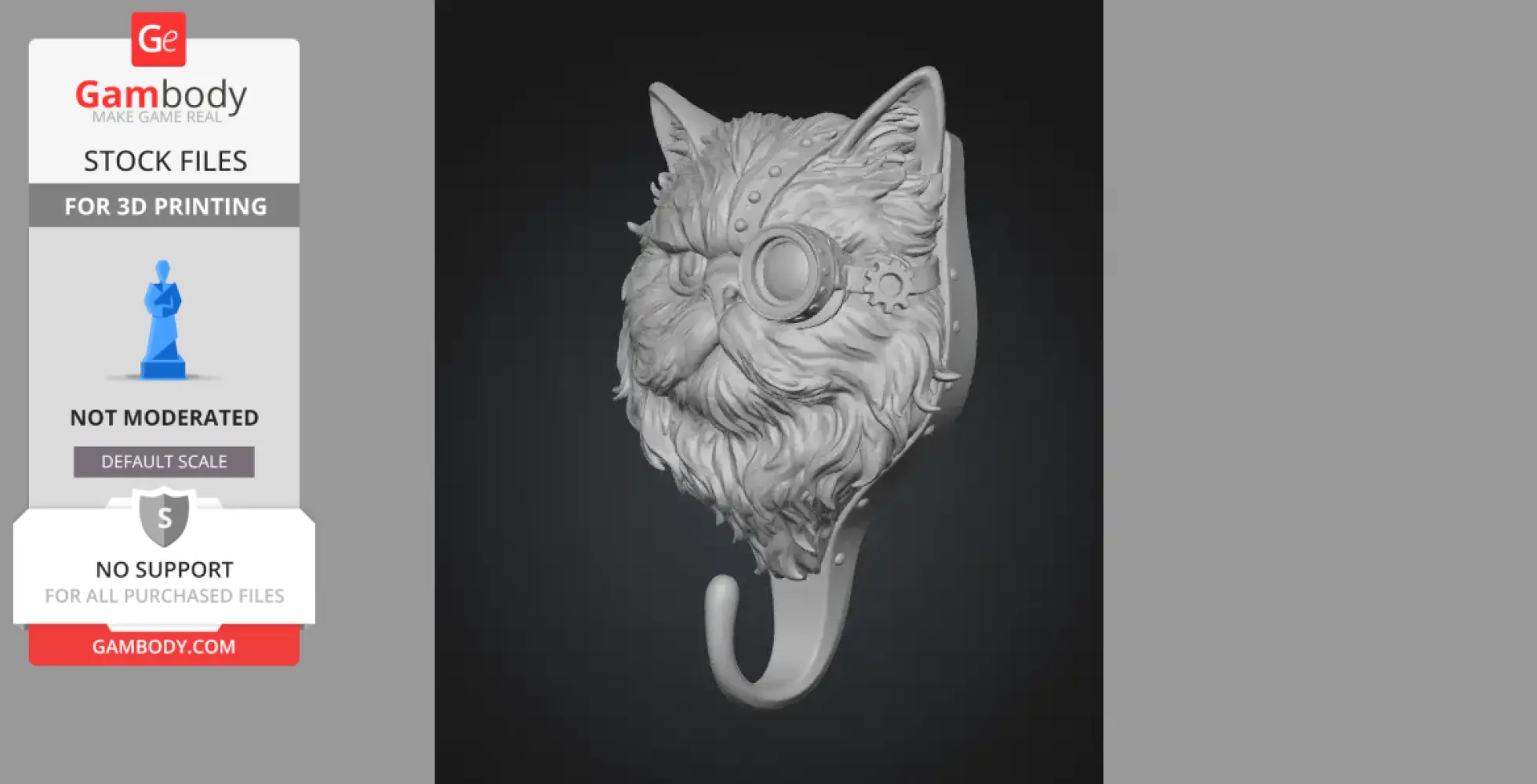 A steampunk cat head wall hook with gears and goggles for 3D printing.