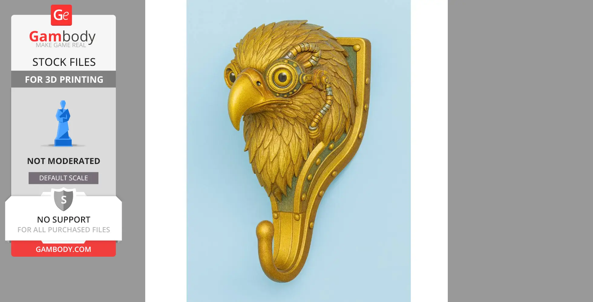 High-detail steampunk eagle head with gears and pipes as a decorative wall hook for 3D printing.