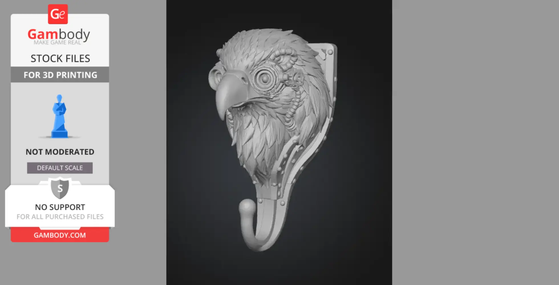 Intricate steampunk-style eagle head wall hook with gears and feathers for 3D printing.