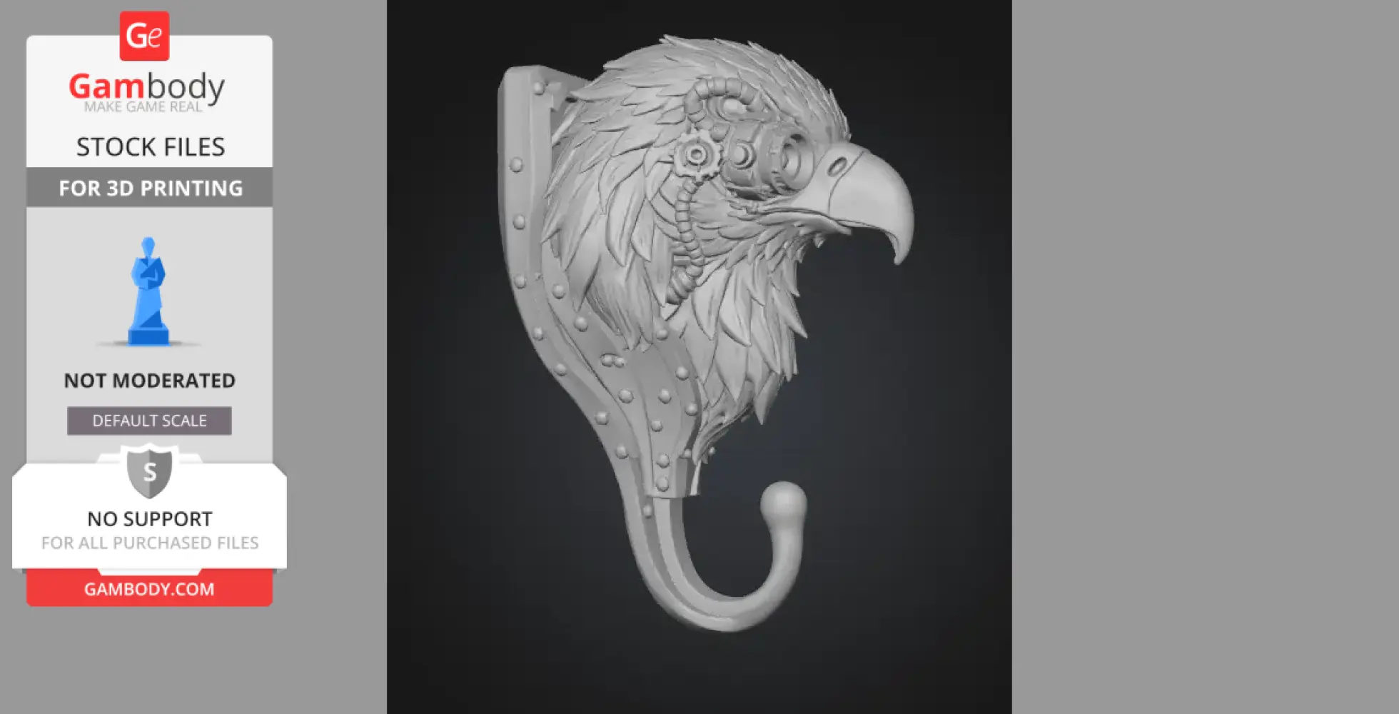 Detailed steampunk eagle head with mechanical elements, designed as a wall hook for 3D printing.